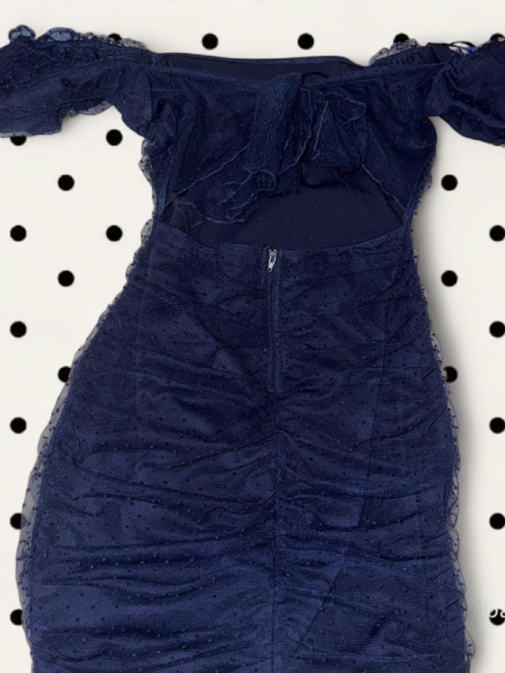 Windsor Navy Off-Shoulder Dotted Mesh Backless Dress - Picture 2 of 3